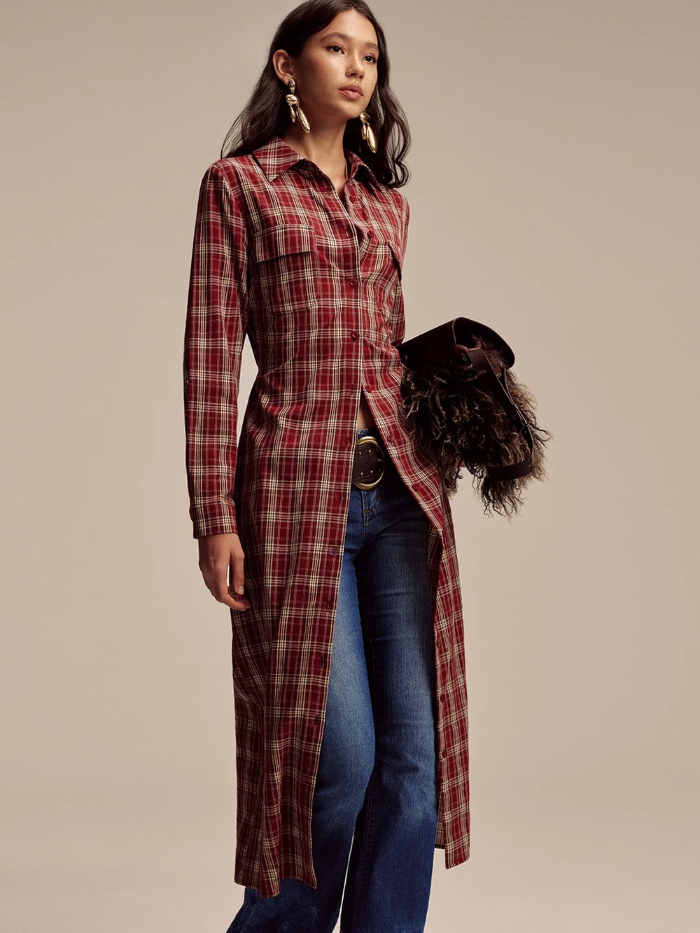 91 Plaid Button Front Shirt Dress - Picture 3 of 8